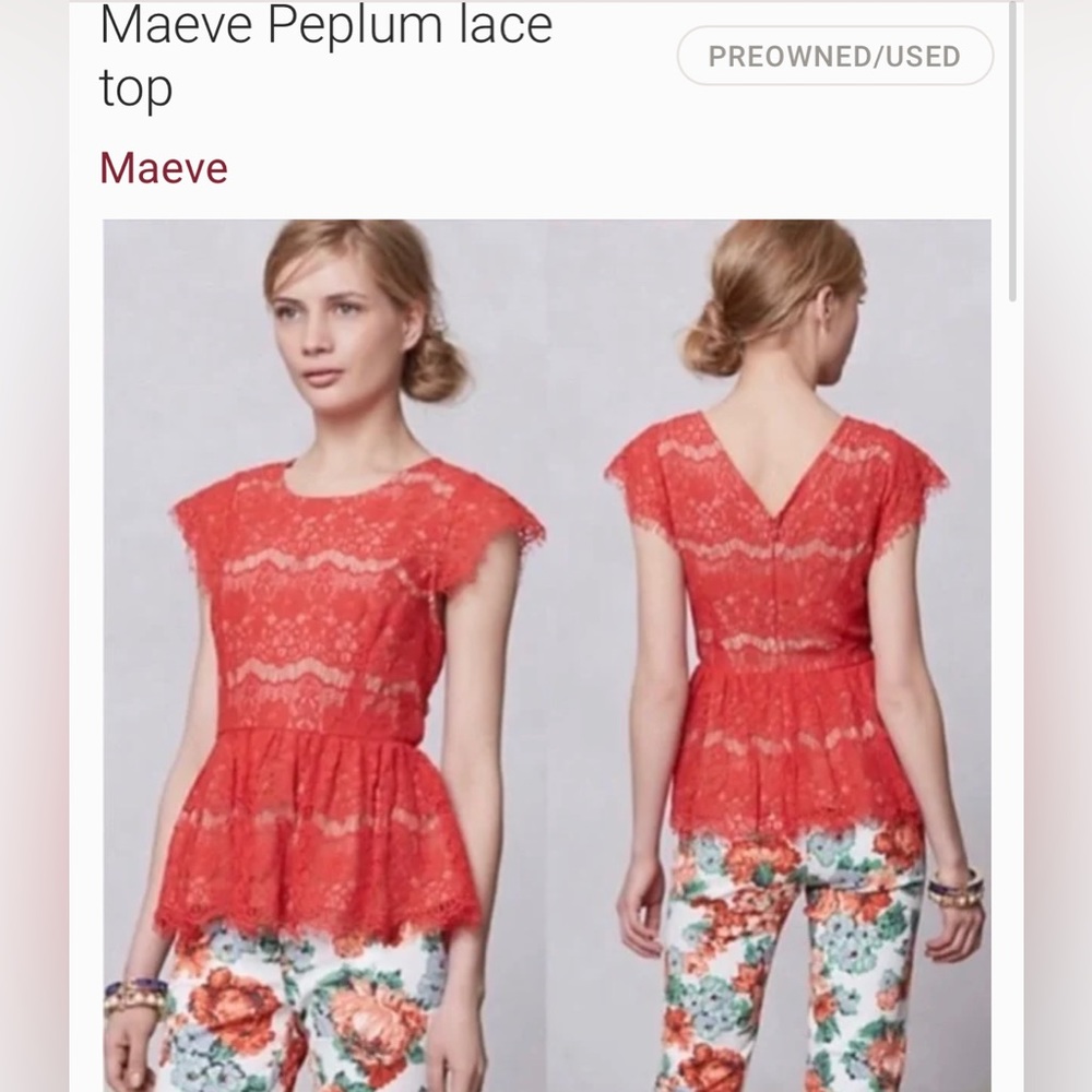 Anthropology Maeve Katrine Peplum lace top in red orange overlay Gorgeous